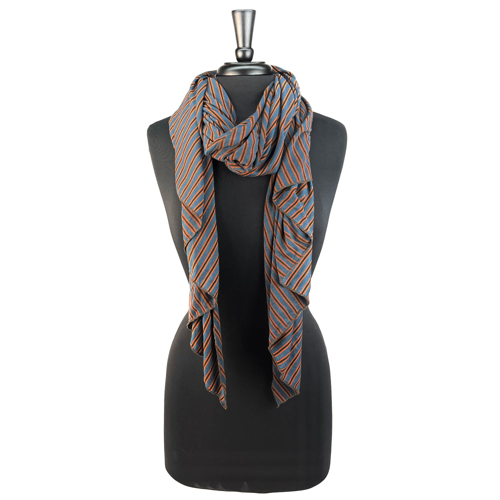 Versatile eco-friendly scarf for women. Made in the USA from upcycled cotton jersey. Shop sustainable scarves. *peacock