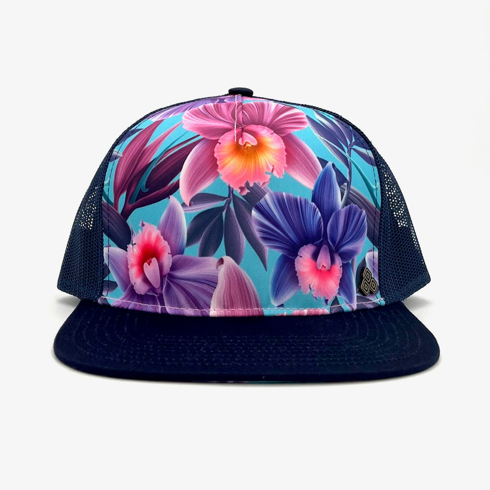 Unisex low-profile floral trucker hat. Adjustable snap with mesh back. Inspirational quote inside. *orchid