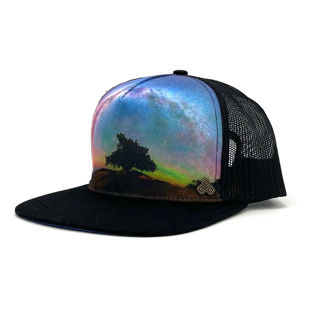 Five-panel low-profile graphic print Horizon Galaxy Trucker Hat. Adjustable snap with mesh back. Inspirational quote inside.