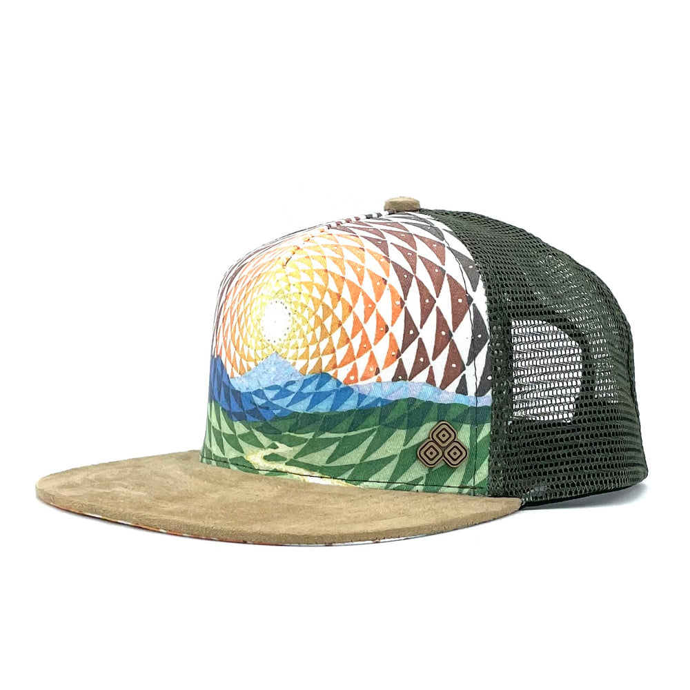 Five-panel low-profile graphic print Horizon Vista Trucker Hat. Adjustable snap with mesh back. Inspirational quote inside.