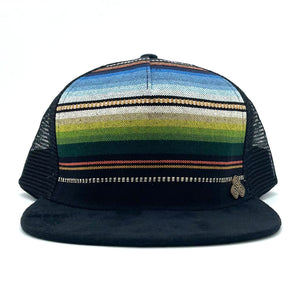 Five-panel low-profile Zuma Aztec unisex trucking hat. Hand loomed Indian cotton fabric and faux suede. *azure