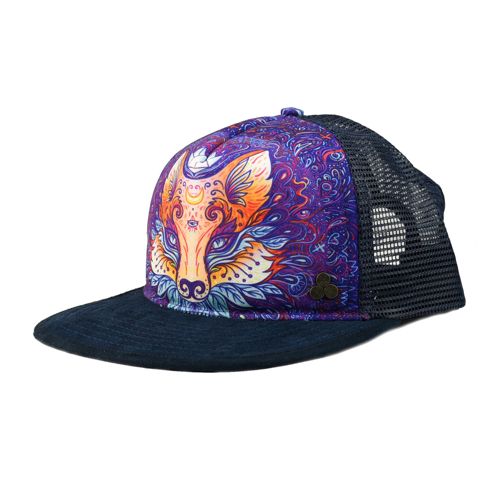 Graphic print mystical fox trucker hat. Adjustable snap with mesh back. Made in Mexico. Shop sustainable gifts and hats.