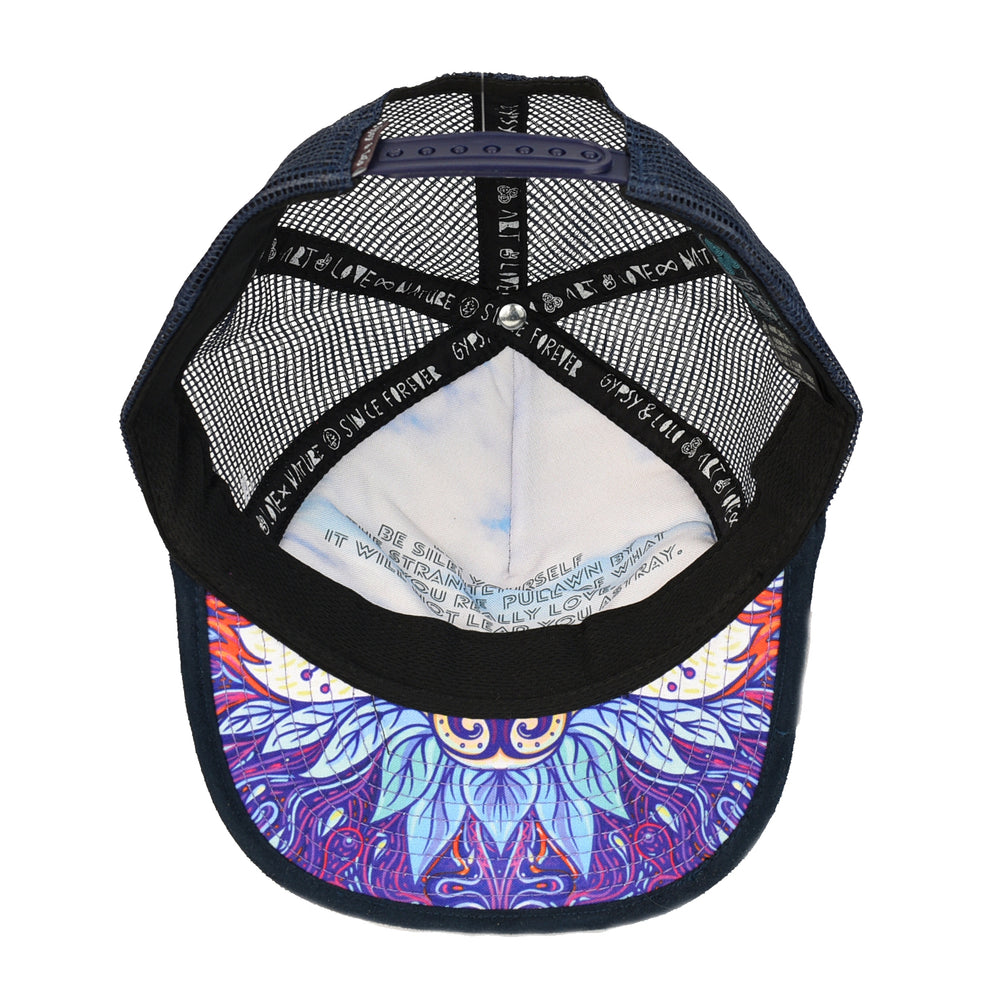 Graphic print mystical fox trucker hat. Adjustable snap with mesh back. Made in Mexico. Shop sustainable gifts and hats.