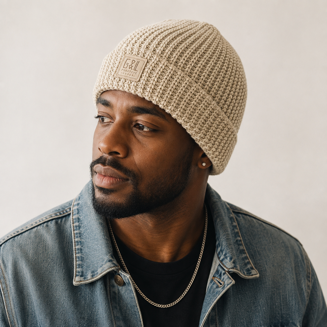 Denali Beanie side view in Linen color – worn by a man
