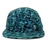 Blue water patterned flat bill snap back eco-friendly recycled polyester camp hat front view.