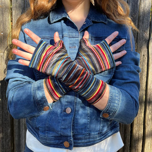 Crushed velevet fingerless gloves.  Made in the USA from an upcycled rayon fabric blend. Shop sustainable women's gloves. *multi stripe