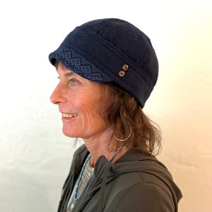 Short brim soft cap for women. Lace trim with coconut shell buttons. Made in USA recycled mill cotton. *dark-navy