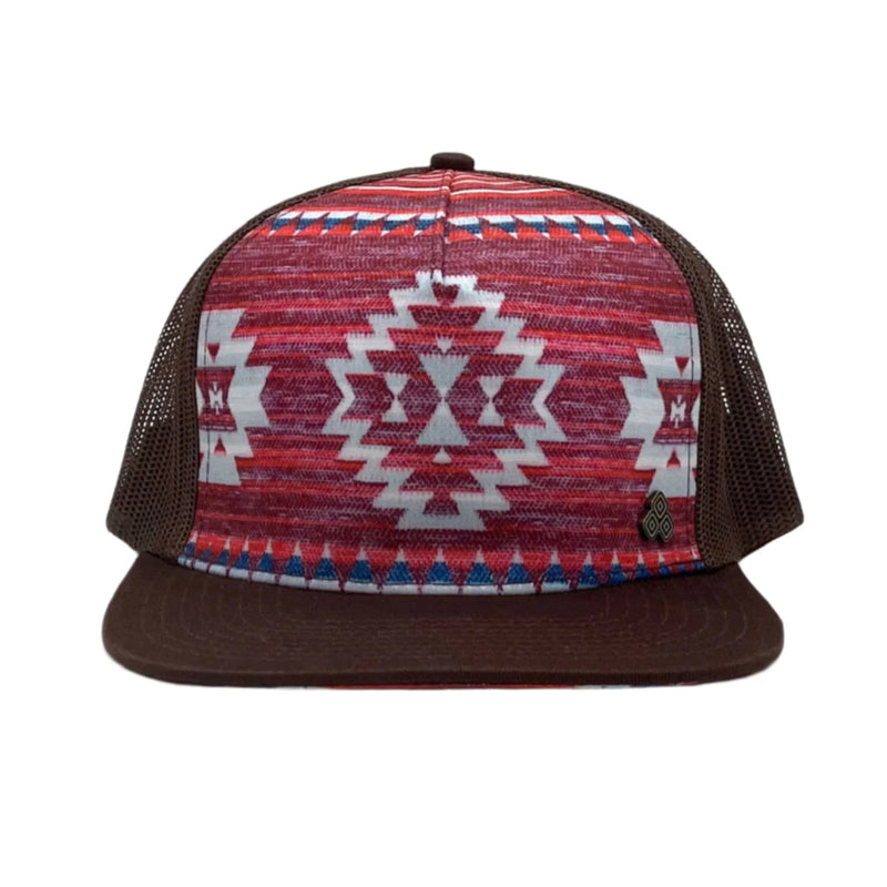 Front view of the Nu Tribe Burgundy Trucker Hat with Southwestern pattern, breathable mesh, and adjustable snap closure.