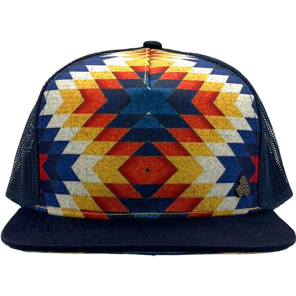 Five-panel low-profile graphic print Santa Fe Trucker Hat. Adjustable snap with mesh back. Made from organic cotton.
