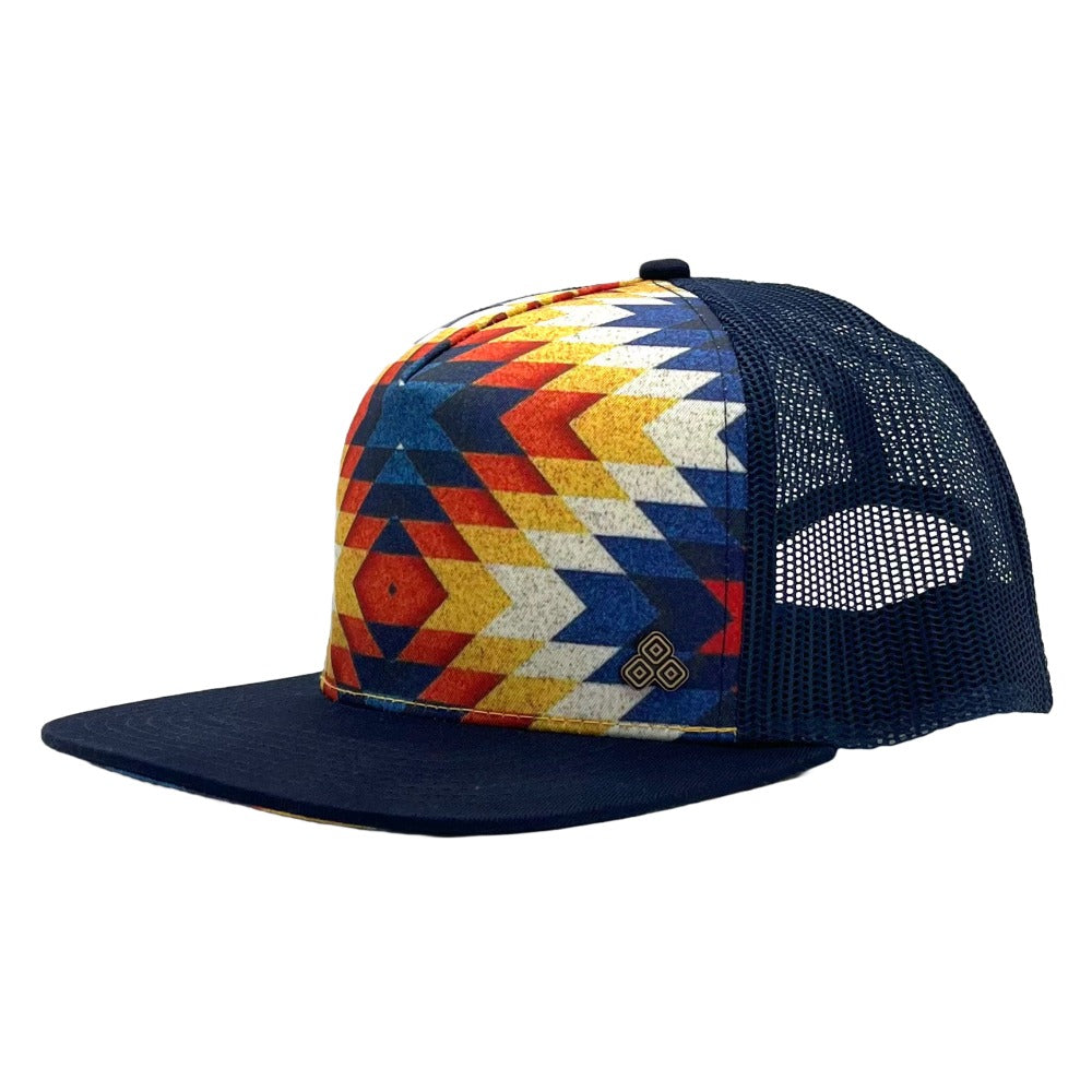 Five-panel low-profile graphic print Santa Fe Trucker Hat. Adjustable snap with mesh back. Made from organic cotton.