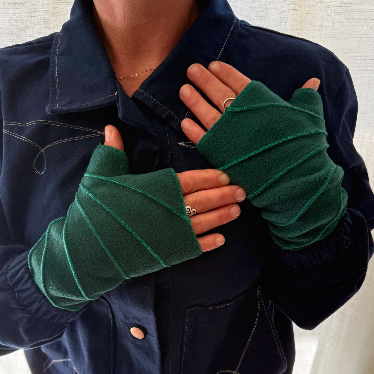 Sunray Wrist Warmers – Upcycled Polar Fleece, One Size, Sunray Stitch Design