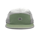 Activ8 5 Panel Cap front view – moss green recycled performance hat with UPF protection and snapback