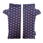 Aspen Wrist Warmers front view – upcycled knit wrist warmers - grey with pink hearts on white background