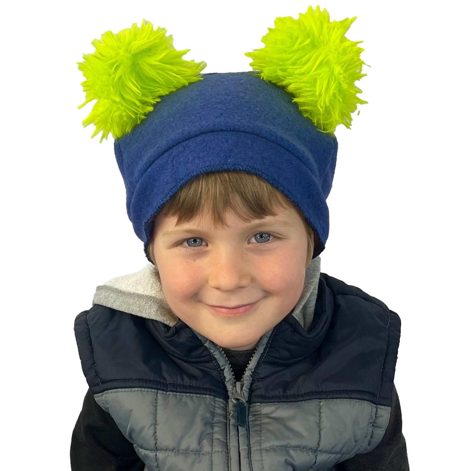 Bear Beanie in blue china red on boy model – recycled cotton beanie with fuzzy ears
