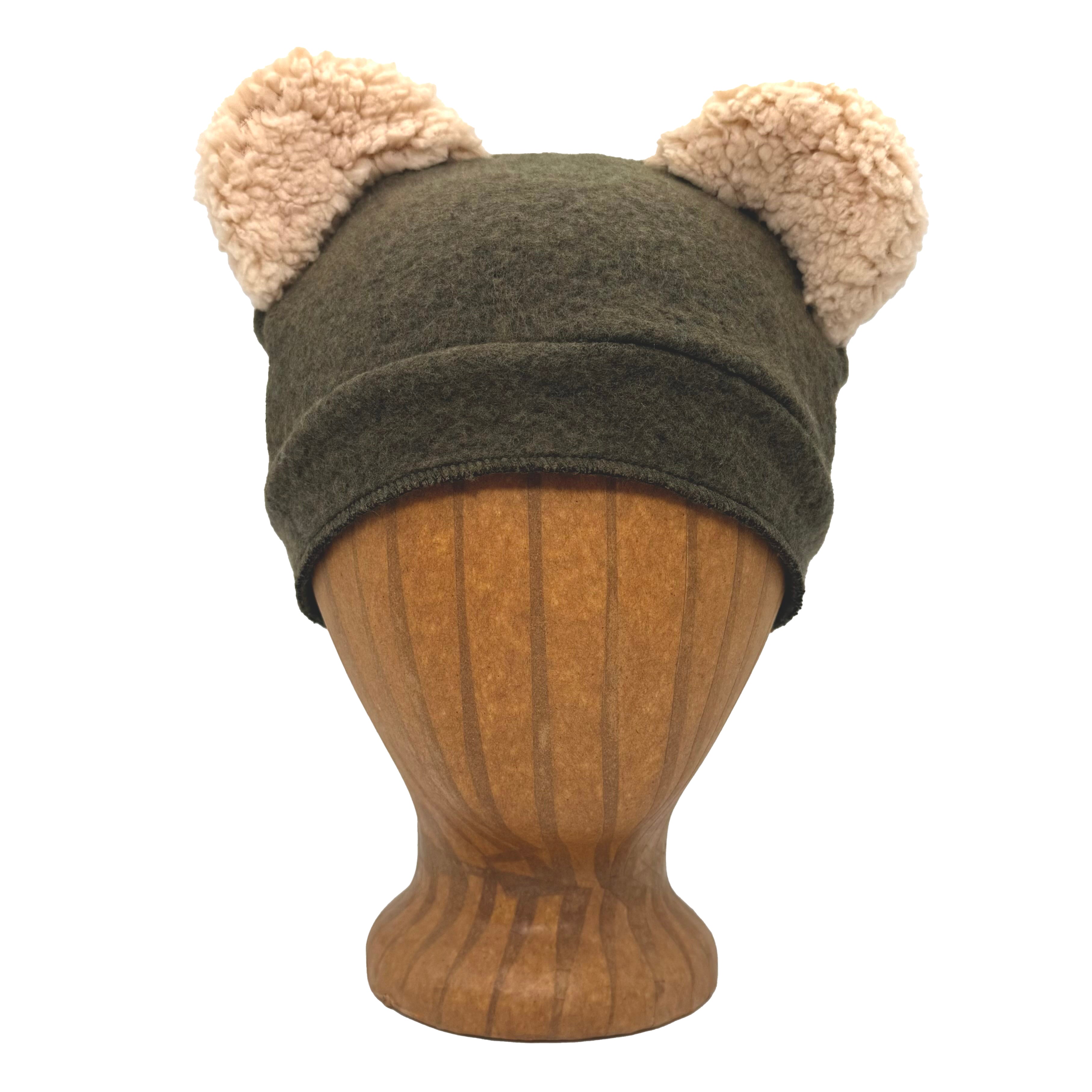 Bear Beanie in dark olive front view – recycled cotton beanie with fuzzy ears
