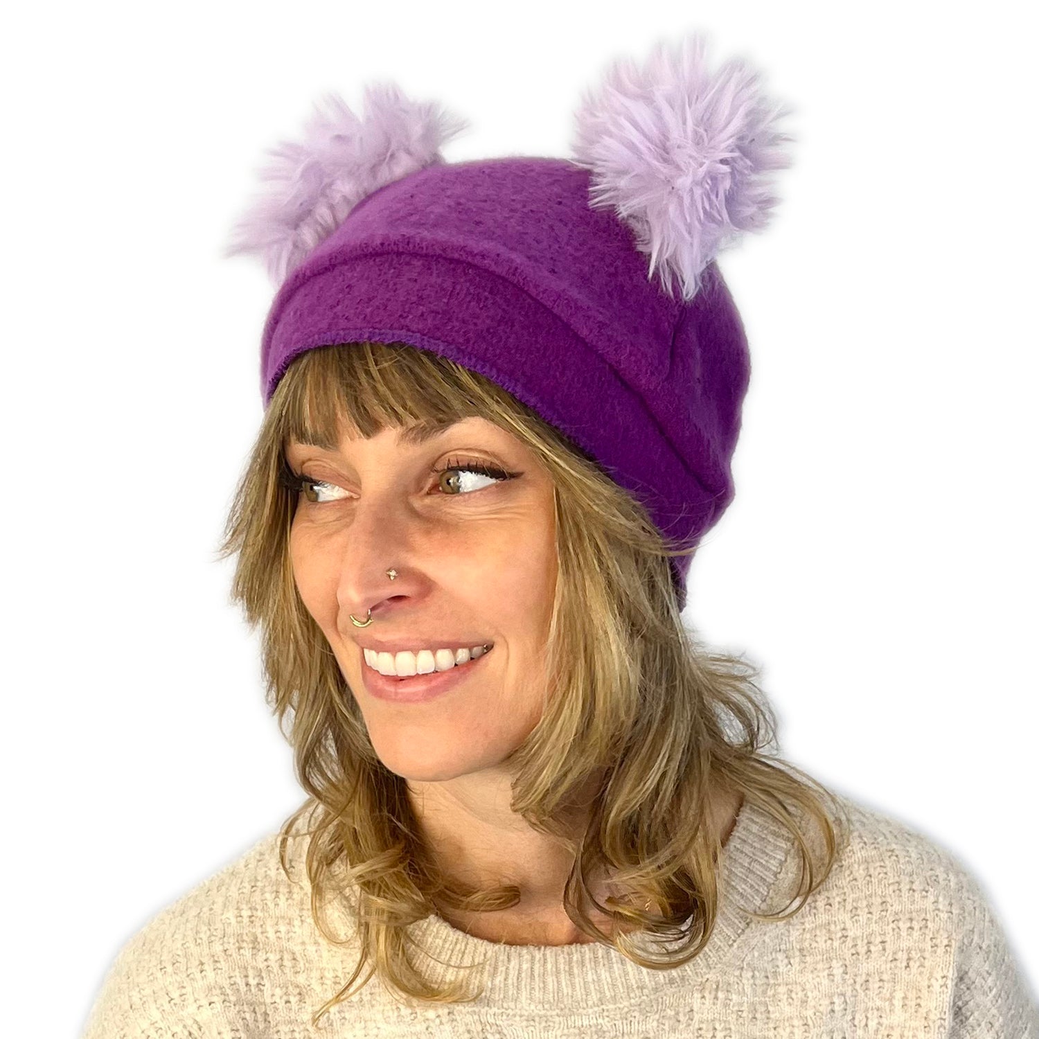 Bear Beanie in magenta on female model – recycled cotton beanie with fuzzy ears
