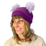 Bear Beanie in magenta on female model – recycled cotton beanie with fuzzy ears