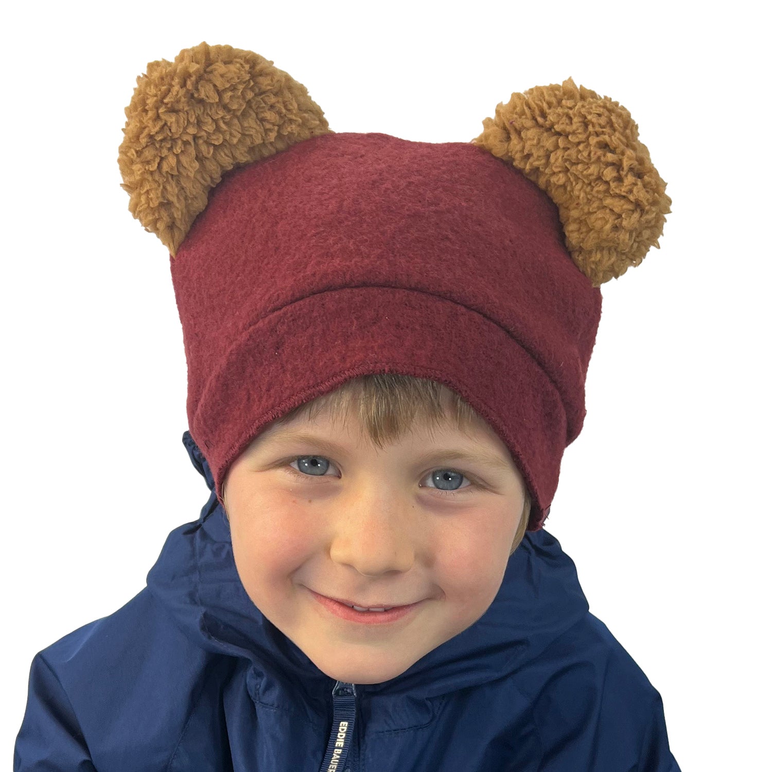 Bear Beanie in marsala red on boy model – recycled cotton beanie with fuzzy ears

