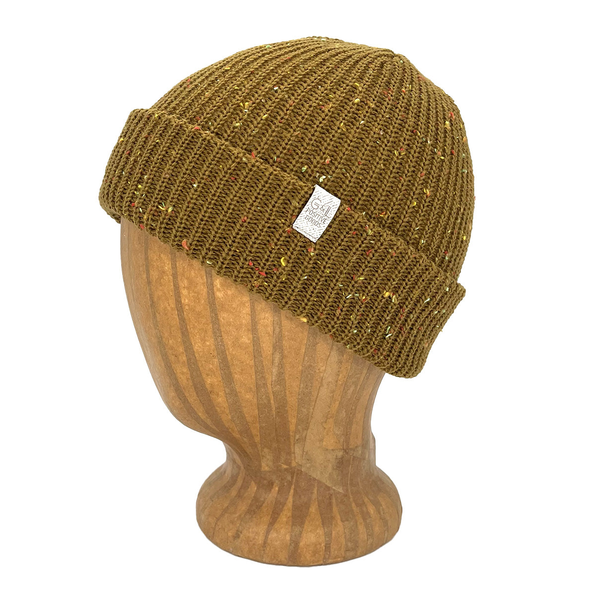 Brown knit beanie on a wooden mannequin head with a white background
g-and-l-positive-goods-berkeley-beanie-left-side