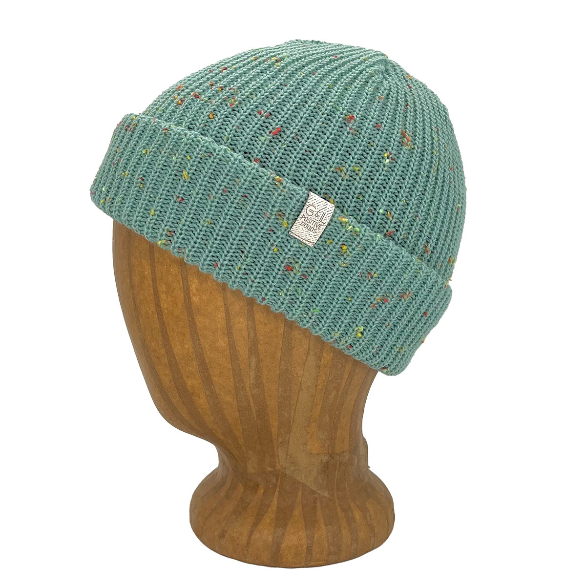 blueish green knitted beanie on a wooden mannequin head against a white background
g-and-l-positive-goods-berkeley-beanie-left-side