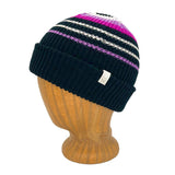 Black knit beanie with colorful stripes on a wooden mannequin head against a white background
g-and-l-positive-goods-blaze-beanie-left-side