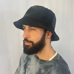 Black Bucket Hat Cotton Corduroy on male model – upcycled wide wale unisex hat