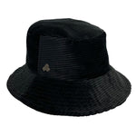 Black bucket hat with a brand logo on a white background   Cotton Corduroy right side view – upcycled wide wale unisex hat