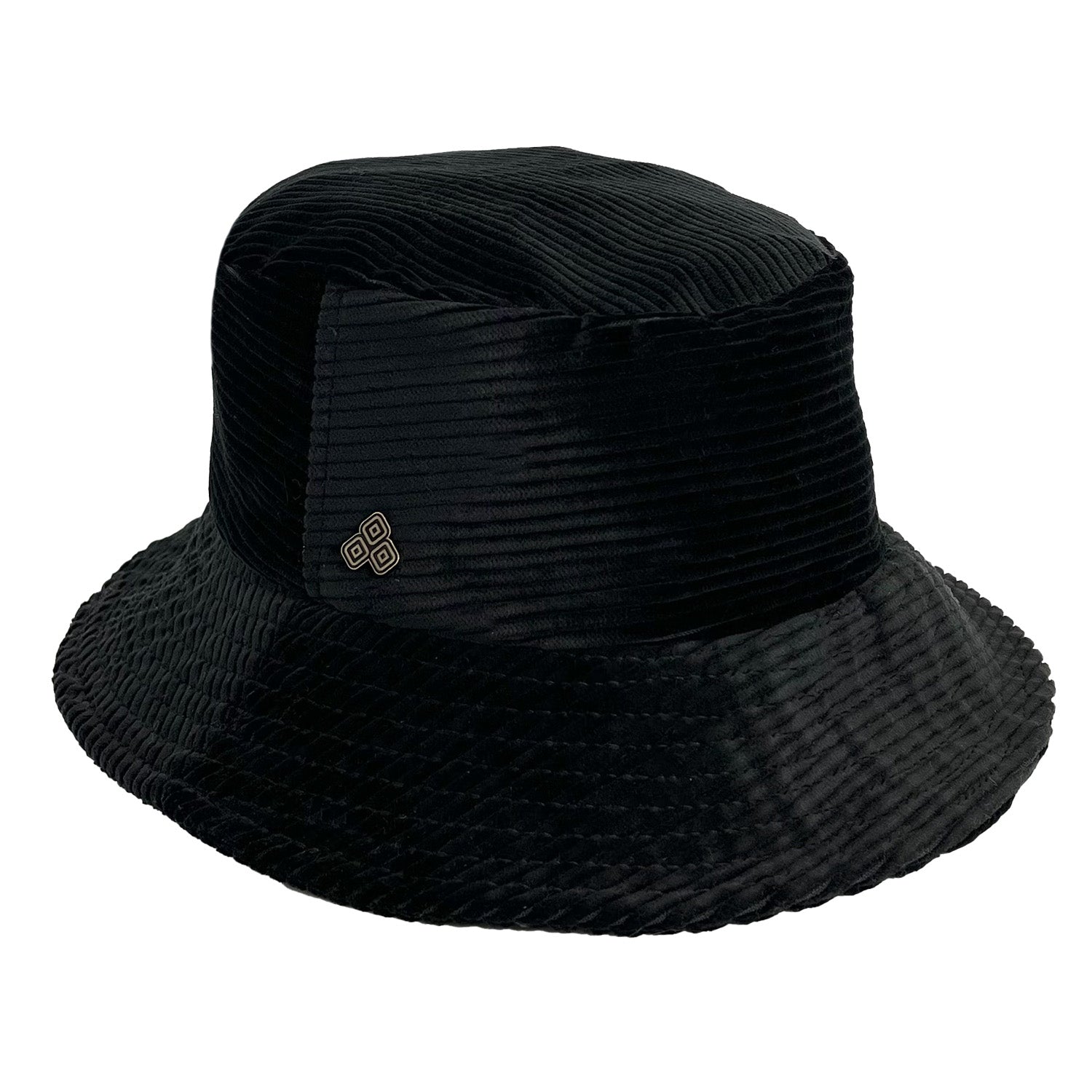 Black bucket hat with a brand logo on a white background   Cotton Corduroy right side view – upcycled wide wale unisex hat
