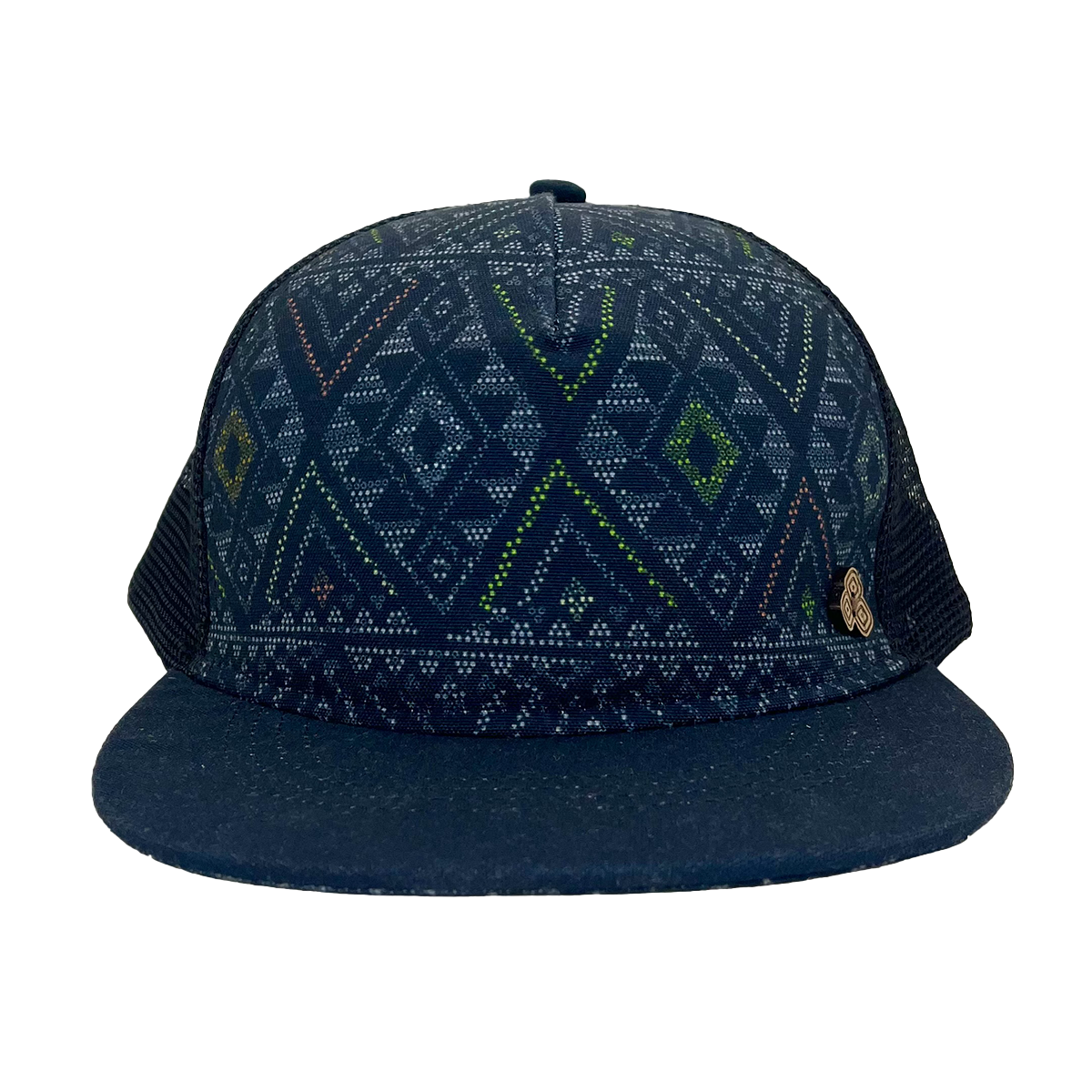 Electro Trucker Hat front view – recycled mesh trucker hat with geometric art