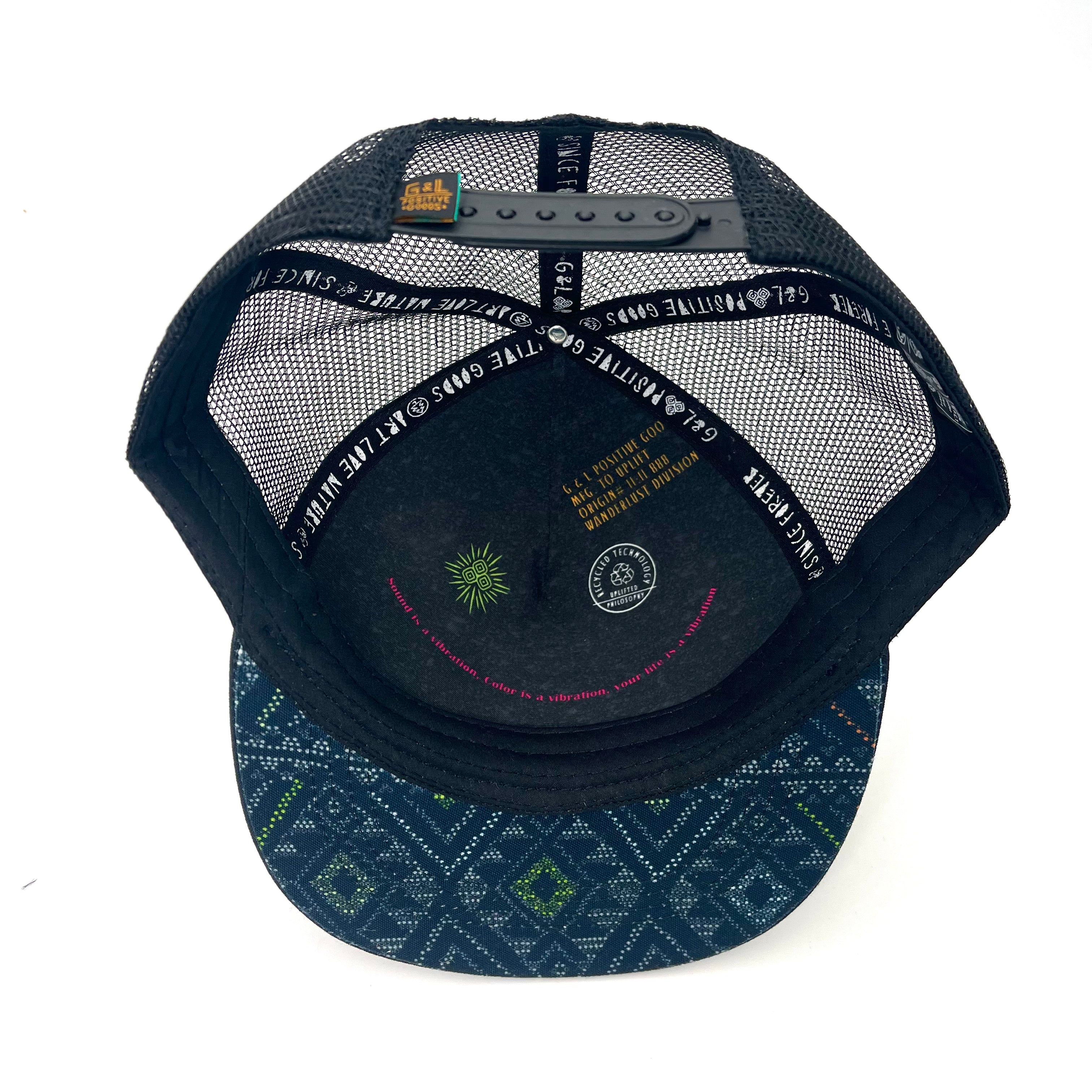 Electro Trucker Hat underside – recycled mesh trucker hat with geometric art