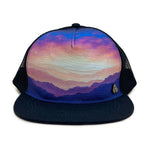 Horizon Gratitude Trucker Hat front view – recycled 5 panel mesh cap featuring Jeff Stanley artwork
