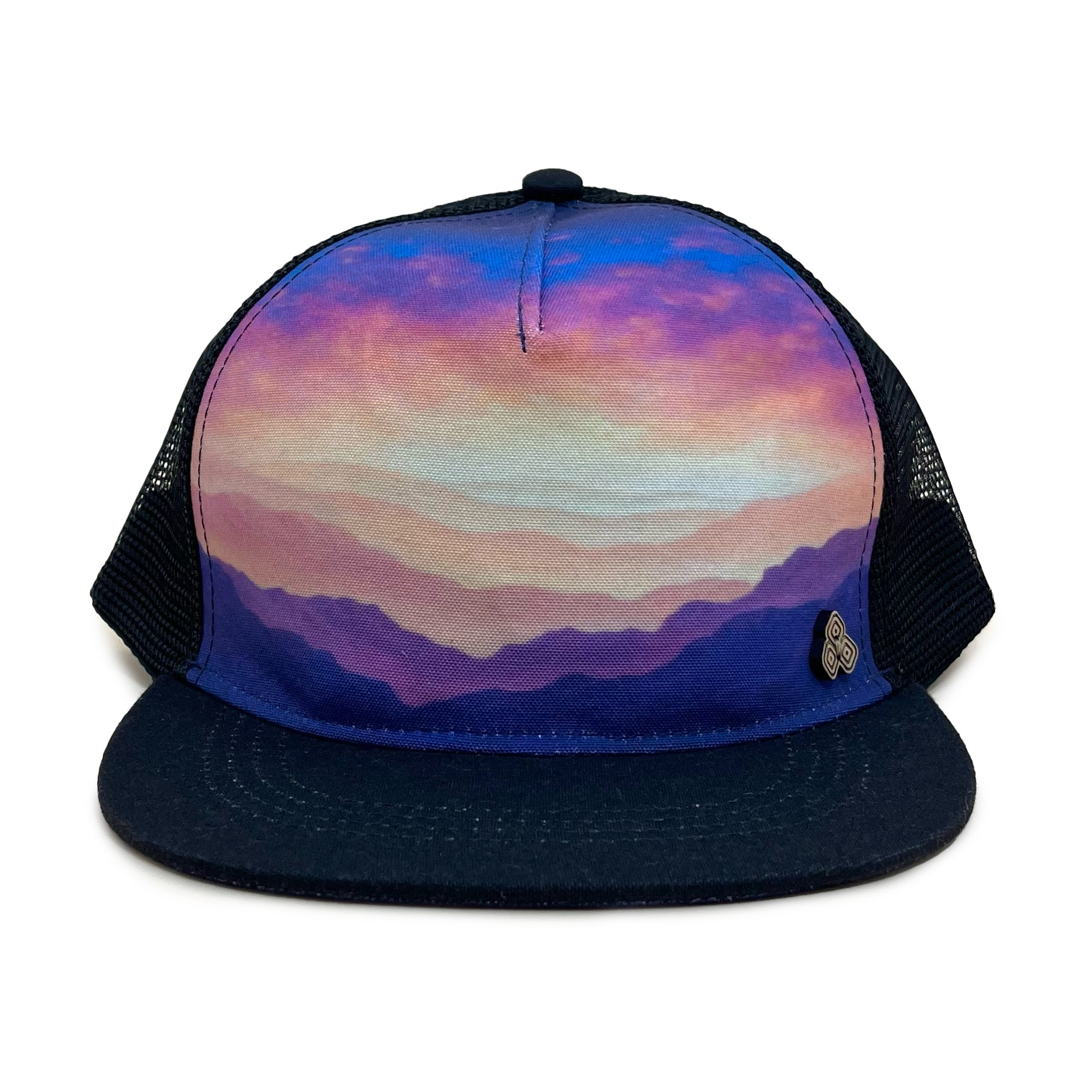 Horizon Gratitude Trucker Hat front view – recycled 5 panel mesh cap featuring Jeff Stanley artwork
