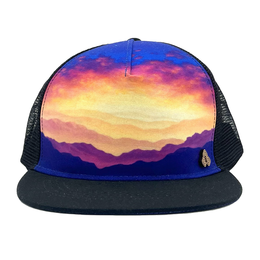 Horizon Gratitude Trucker Hat front view – recycled 5 panel mesh cap featuring Jeff Stanley artwork