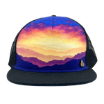 Horizon Gratitude Trucker Hat front view – recycled 5 panel mesh cap featuring Jeff Stanley artwork