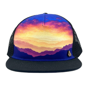 Horizon Gratitude Trucker Hat front view – recycled 5 panel mesh cap featuring Jeff Stanley artwork