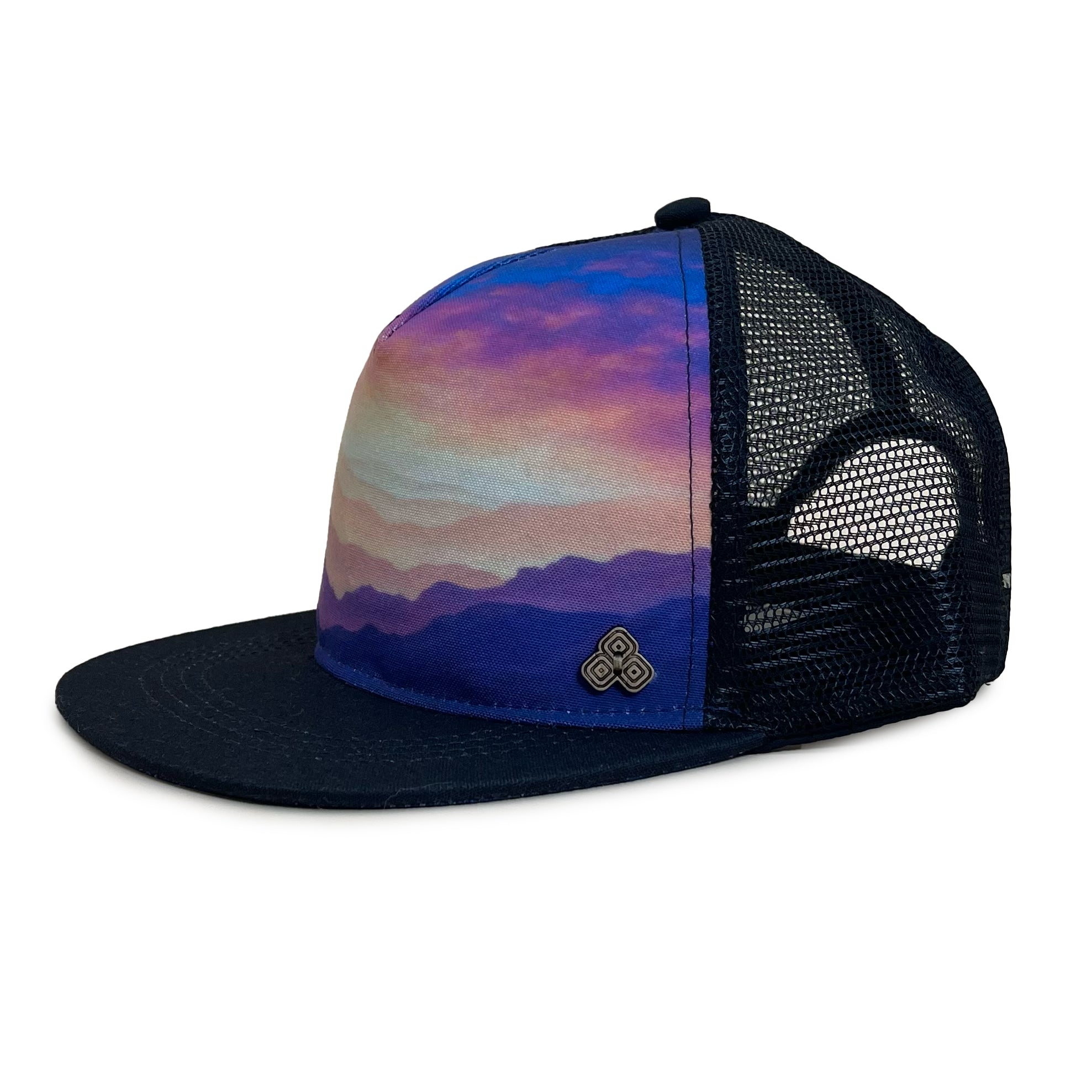 Horizon Gratitude Trucker Hat side view – recycled 5 panel mesh cap featuring Jeff Stanley artwork