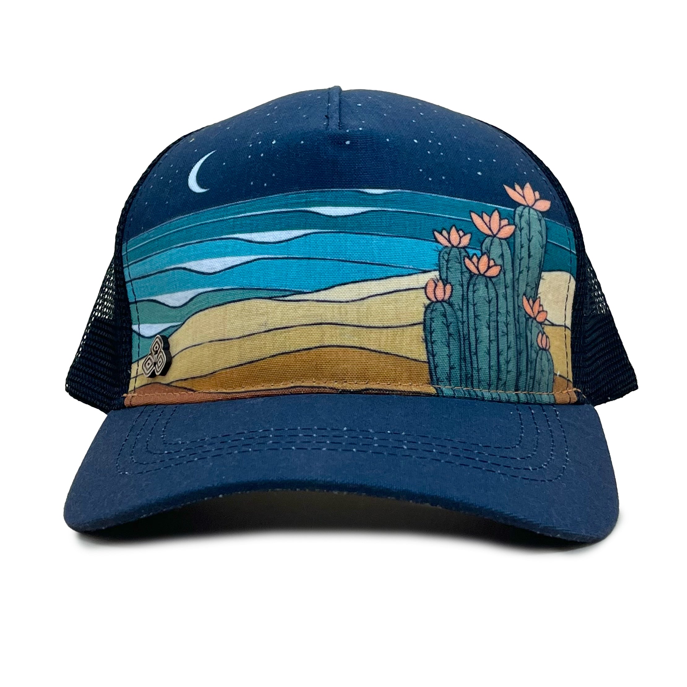 Horizon Land and Sea Trucker Hat front – mesh cap with Traci Ruth art and recycled materials