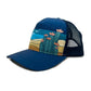 Three quarter view of Horizon Trucker Hat – landscape print hat with moisture-wicking sweatband