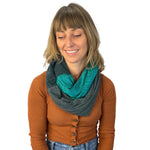 Infinity Loop Scarf on female model in Teal color way – upcycled knit infinity scarf