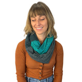 Infinity Loop Scarf on female model in Teal color way – upcycled knit infinity scarf