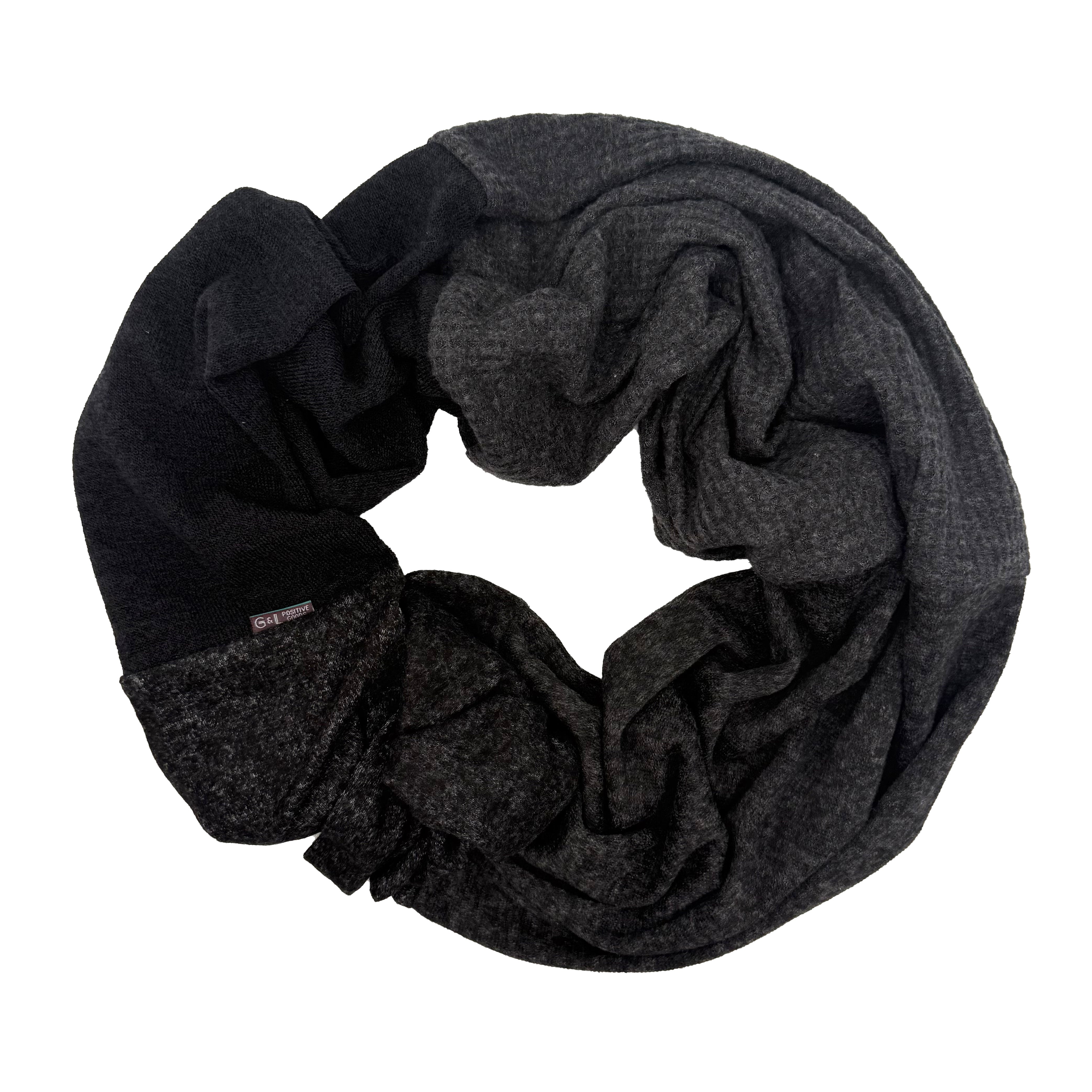 Infinity Loop Scarf in Black, front view – upcycled knit infinity scarf