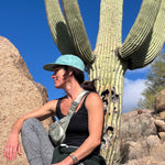 Jogga Jade Cap on female model – breathable 5 panel performance cap in jade green