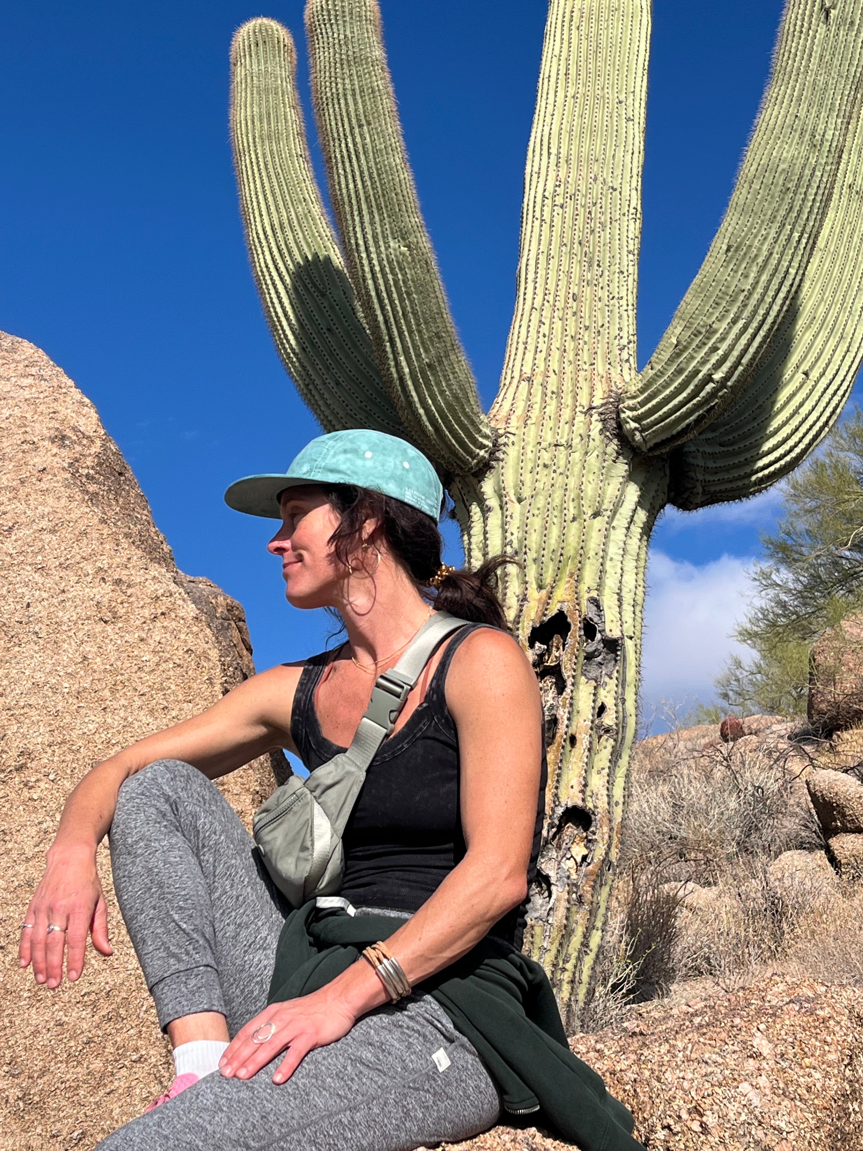 Jogga Jade Cap on female model – breathable 5 panel performance cap in jade green