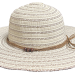 Side front view of the Katya Sun Hat showing wide brim and wooden bead details.