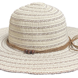 Side front view of the Katya Sun Hat showing wide brim and wooden bead details.