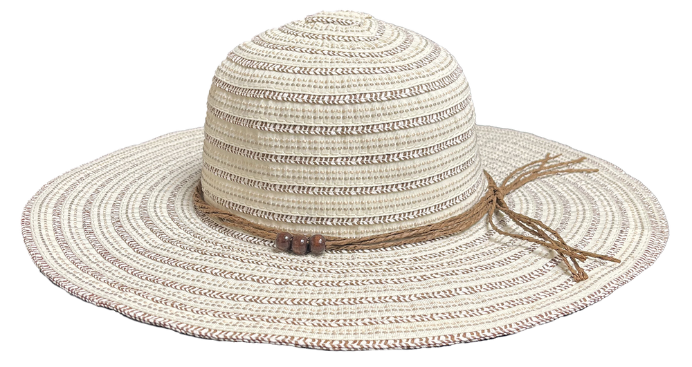 Side front view of the Katya Sun Hat showing wide brim and wooden bead details.