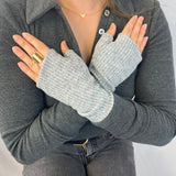 Kenzie wristwarmers front view – upcycled rib knit sustainable accessory. Person wearing gray fingerless gloves with a neutral background