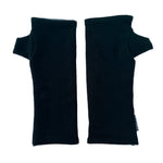 Kenzie wristwarmers front view – upcycled rib knit sustainable accessory. Pair of black ribbed arm warmers on a white background