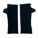 Kenzie wristwarmers front view – upcycled rib knit sustainable accessory. Pair of black ribbed arm warmers on a white background