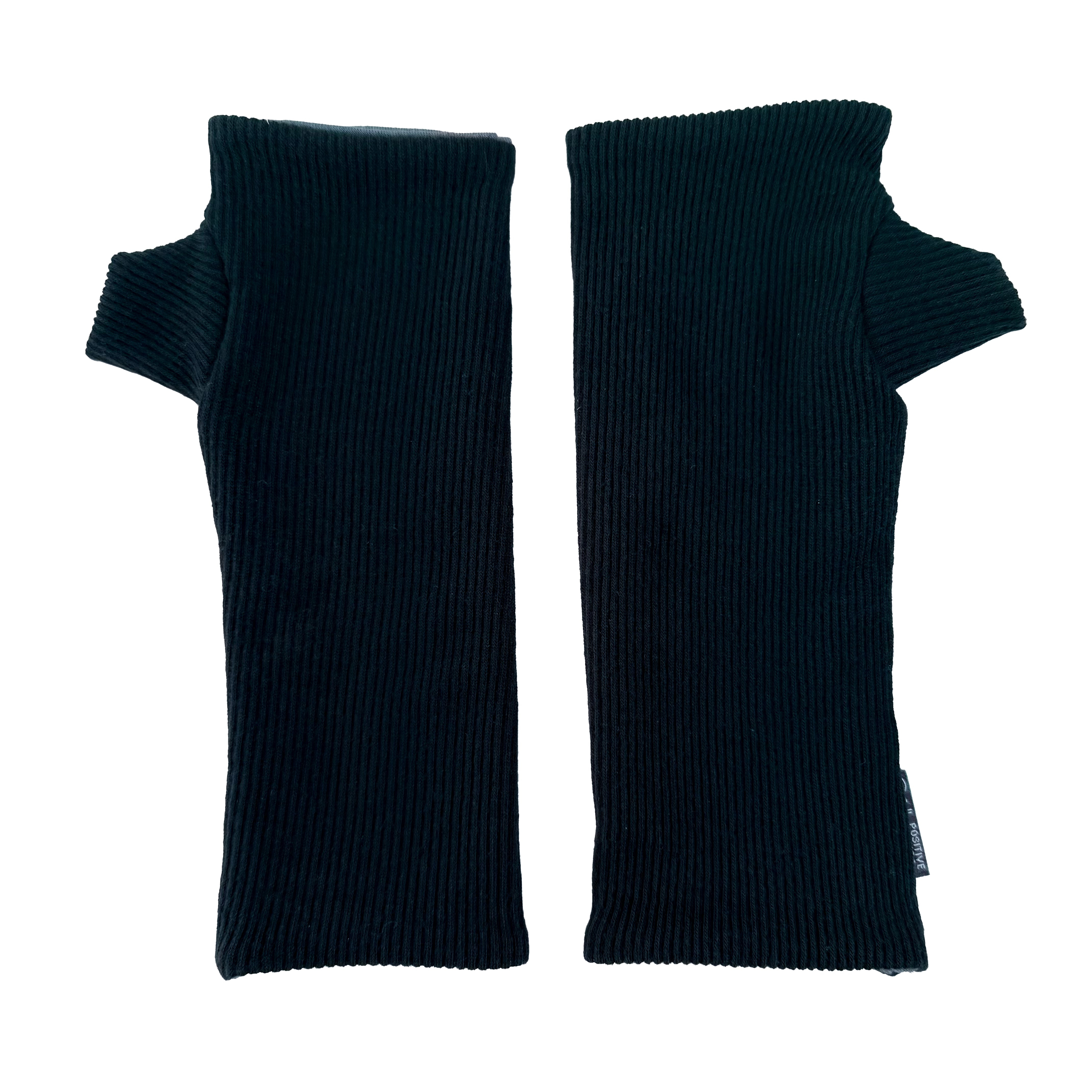 Kenzie wristwarmers front view – upcycled rib knit sustainable accessory. Pair of black ribbed arm warmers on a white background